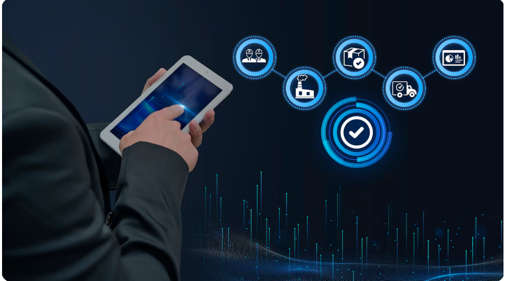 Businessman using tablet for digital supply chain management