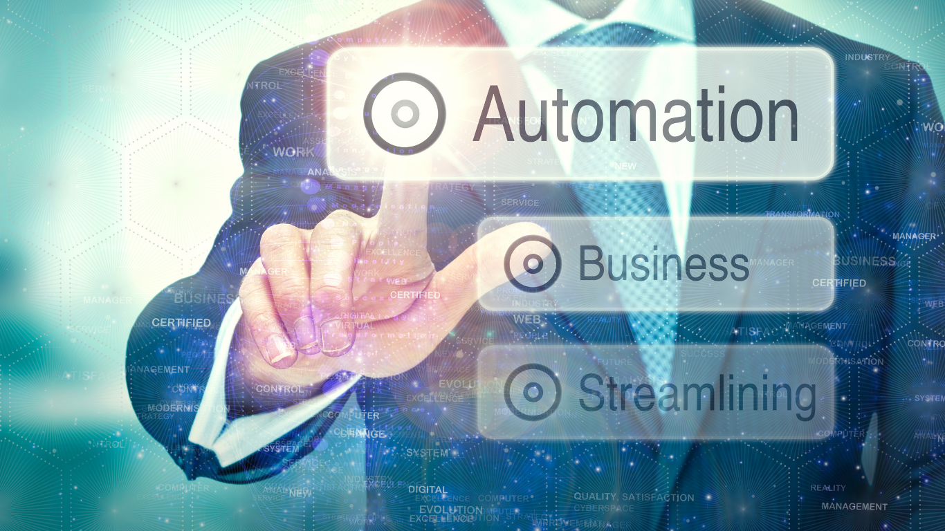 Businessman using laptop with automation icons